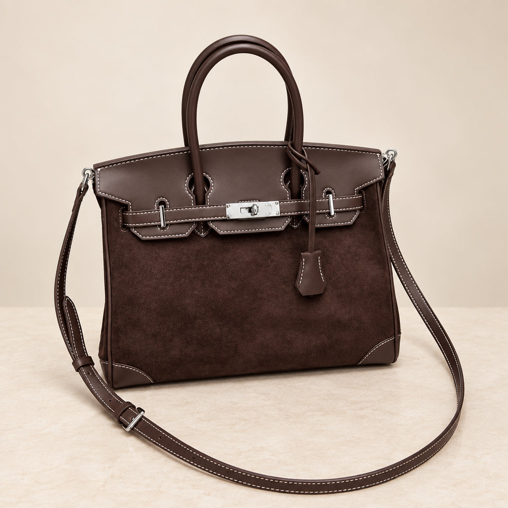 Suede Leather Handbag with Silver Hardware