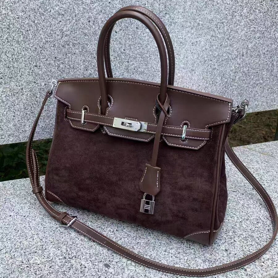 Suede Leather Handbag with Silver Hardware