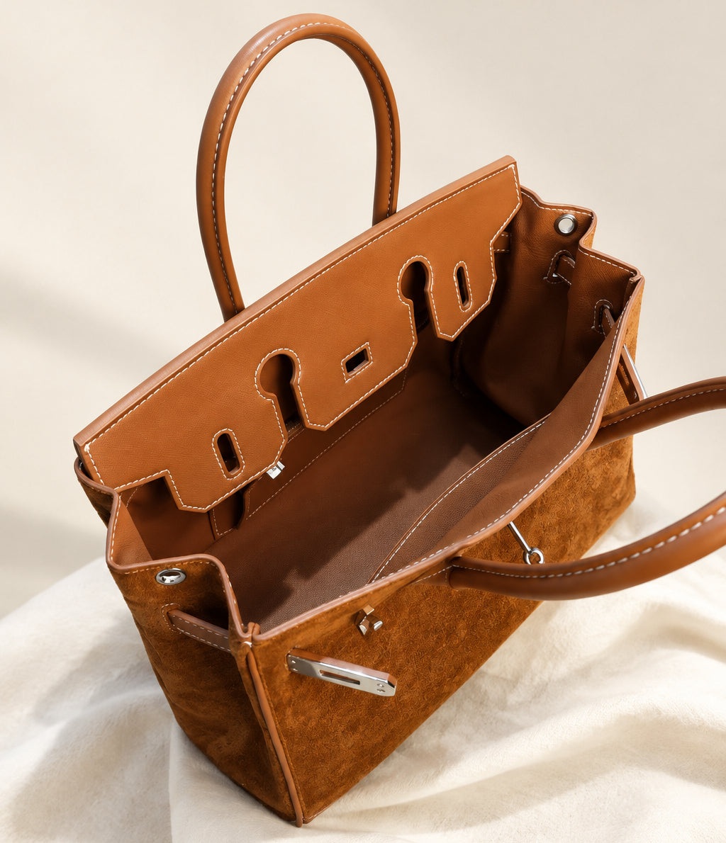 Suede Leather Handbag with Silver Hardware