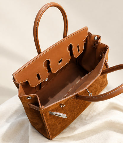 Suede Leather Handbag with Silver Hardware
