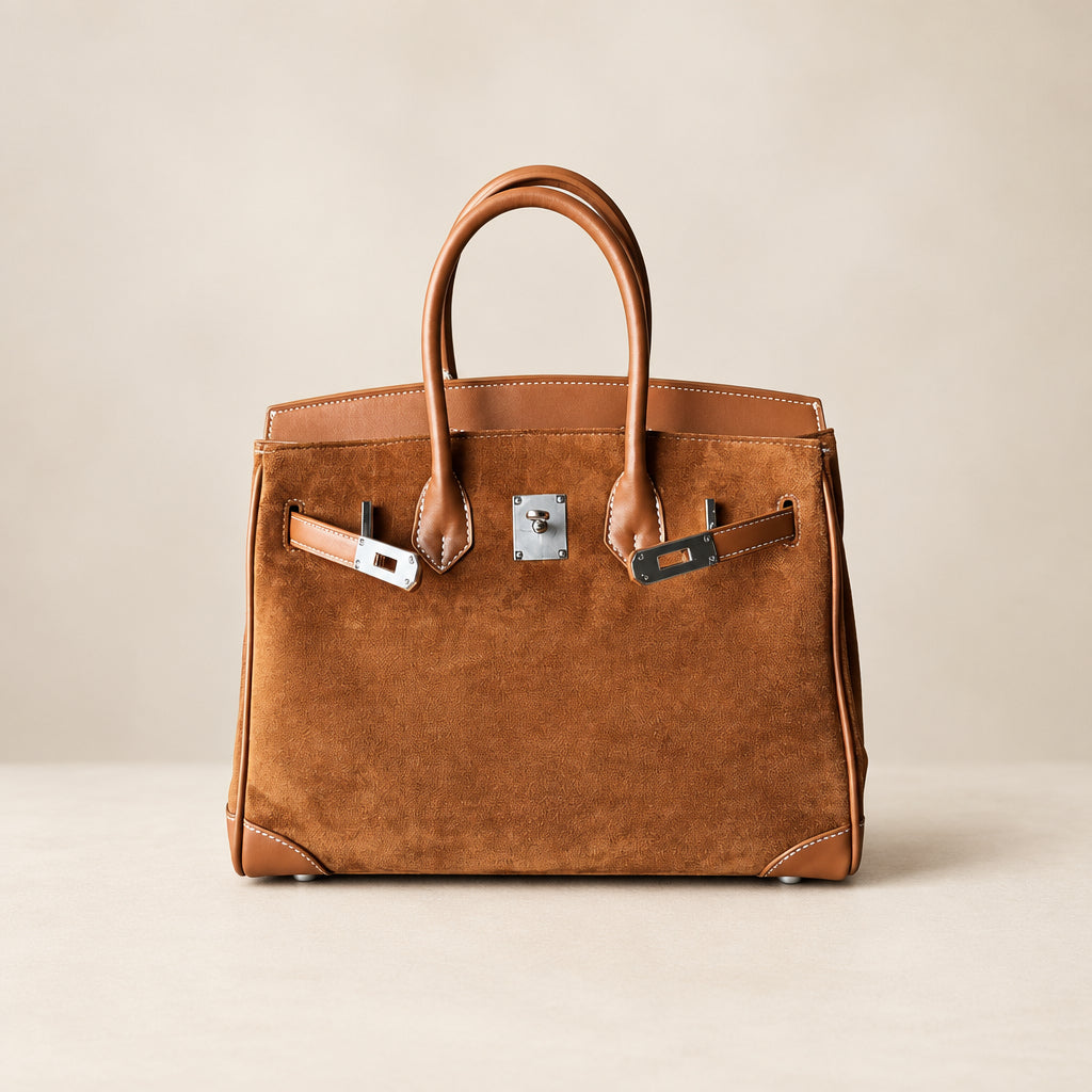 Suede Leather Handbag with Silver Hardware