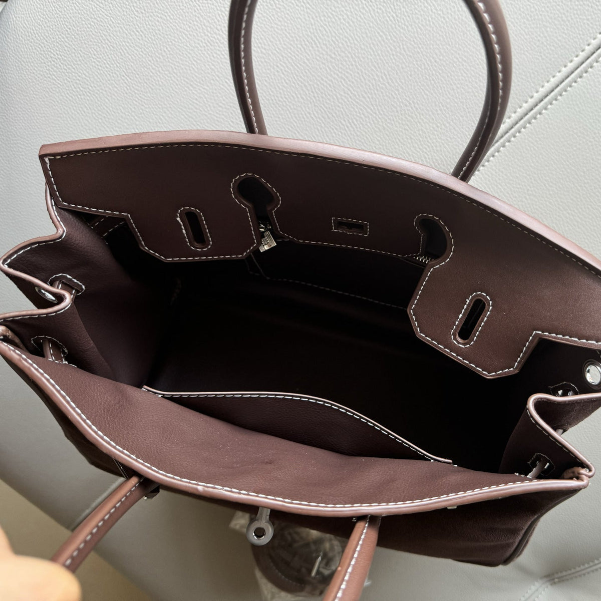 Suede Leather Handbag with Silver Hardware