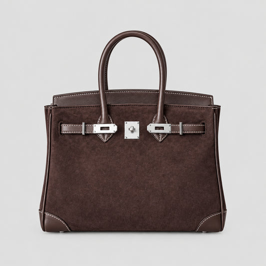 Suede Leather Handbag with Silver Hardware