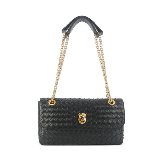 A black woven leather shoulder bag with a gold-tone chain strap and a gold-tone padlock clasp, shown against a plain white background.