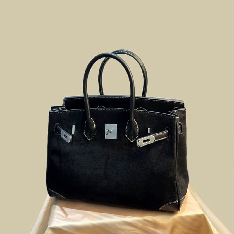 Suede Leather Handbag with Silver Hardware