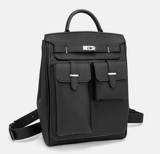 Black backpack with silver buckles on a white background