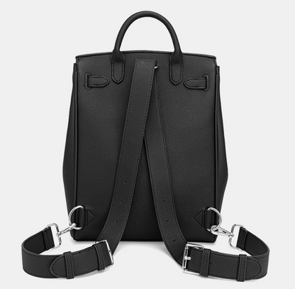 Black leather backpack with adjustable straps on a light gray background