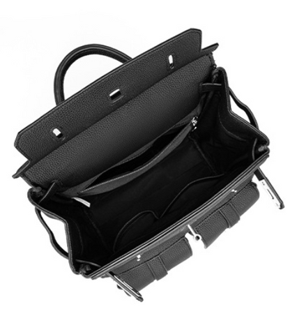 Black leather briefcase with open lid on a white background