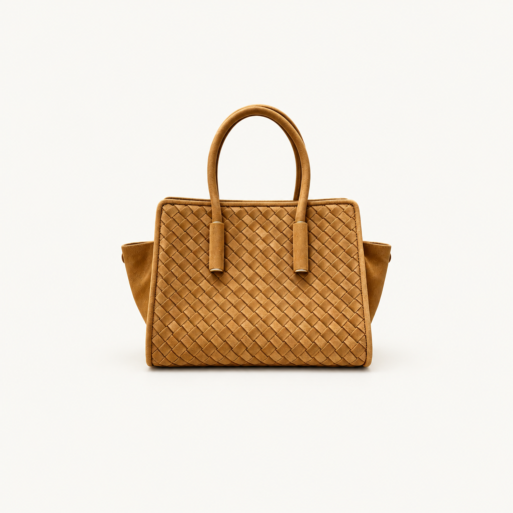 Brown tote, warm white background
