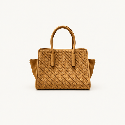 Brown tote, warm white background