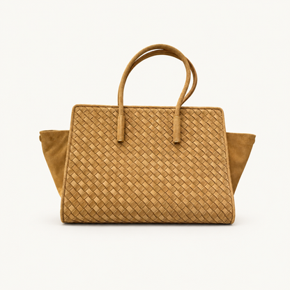 Large brown tote, warm white background