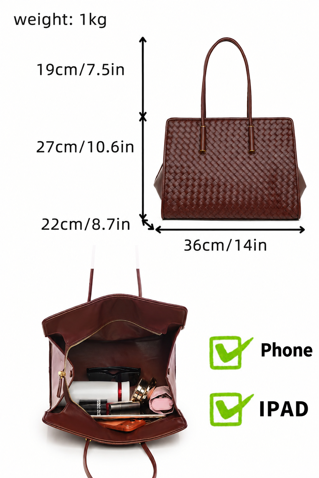 Measurements and interior with English label