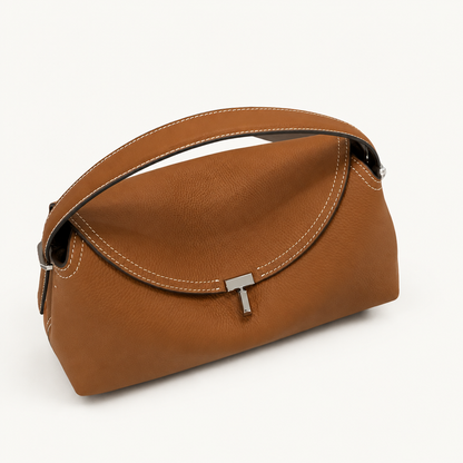 Tan leather bag, angled view